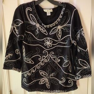 Once Again Black, Silver and White Floral Embroidered Blouse - Size Large